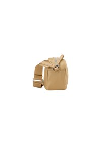 Borsa a tracolla beige con forma rettangolare, realizzata in materiale sintetico liscio, dotata di chiusura con zip e cintura regolabile.
