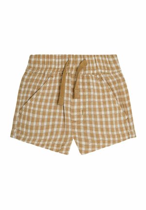 Tan en witte gingham checks shorts met een elastische tailleband en een trekkoord, en twee zijzakken. Gemaakt van katoen met een zachte textuur.