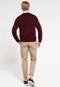 Bordeaux trui, ronde hals, gecombineerd met lichtbeige chinos en zwarte sneakers. De trui heeft geribbelde manchetten; de broek is iets opgerold bij de enkels.