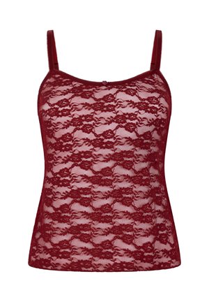 Bordeauxrode kanten camisole met verstelbare bandjes, bloemenpatroon, ronde halslijn en een kleine decoratieve knoop aan de voorkant in het midden.