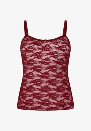 Bordeauxrode kanten camisole met verstelbare bandjes, bloemenpatroon, ronde halslijn en een kleine decoratieve knoop aan de voorkant in het midden.