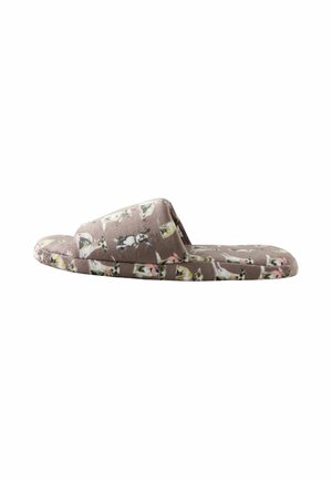 Soft brown open-toe slipper with a pattern of small white dogs wearing pink bows all over the fabric.