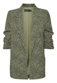 Grüner Leopardenprint-Blazer aus weichem Stoff, mit langen Ärmeln und umgeschlagenen Manschetten, offenem Vorderteil und zwei Seitentaschen.