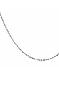 Collana a catena a spirale d'argento con fini anelli intrecciati su uno sfondo bianco.