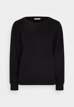 Sort langærmet sweater med rund hals, rynkede skuldersømme og tætsiddende manchetter. Fremstillet af blødt, glat stof.