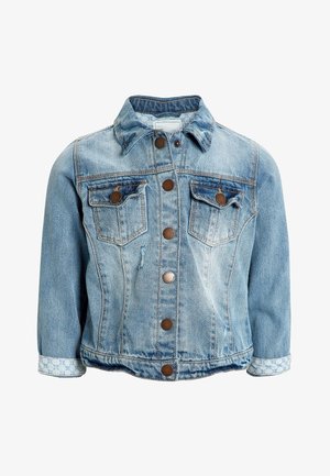 Hellblaues Denim-Utility-Jacket mit zwei Brusttaschen, braunen Knöpfen und gemusterten Manschetten. Verfügt über einen klassischen Kragen und ein lässiges Design.