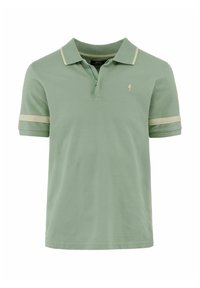 Jasnozielona koszulka polo wykonana z bawełny, z kołnierzykiem na zamek błyskawiczny, beżowymi akcentami na rękawach oraz małym logo na klatce piersiowej.