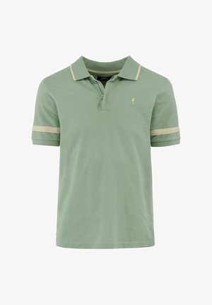 Jasnozielona koszulka polo wykonana z bawełny, z kołnierzykiem na zamek błyskawiczny, beżowymi akcentami na rękawach oraz małym logo na klatce piersiowej.