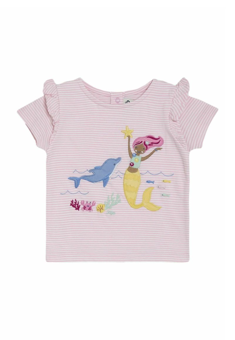 Rožinė juostuota trumpa rankovė t-shirt su išsiuvinėta undinė, delfinu ir jūros gyvūnais. Minkšta medvilnė su volanėmis ant rankovių.