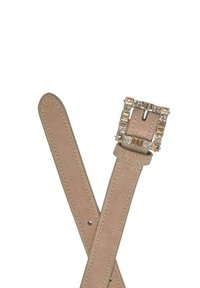 Beiger Wildledergürtel mit doppelter Naht und einer quadratischen Schnalle, verziert mit goldfarbenen und klaren Strasssteinen.