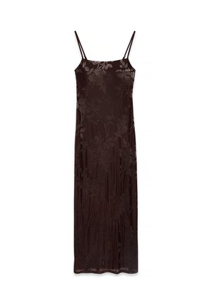 Brown floral-printed slip dress with thin straps, featuring a slight sheen and a fitted silhouette, made from lightweight fabric.