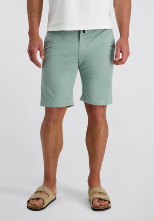 Homme portant un short vert clair jusqu'aux genoux, des sandales beige sans lacets et une chemise blanche, debout sur un fond blanc uni.