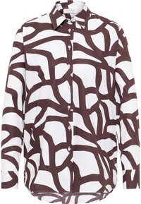 Camicia bianca con un motivo astratto marrone, dotata di colletto, chiusura frontale con bottoni e maniche lunghe. Tessuto morbido con una vestibilità comoda.