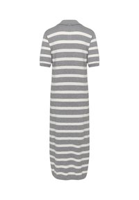 Grå og hvide horisontalt striped kjole med korte ærmer og krave, vist bagfra, der rækker til midt på læggen.