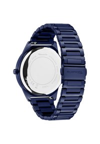 Marineblauer Edelstahluhren mit einem Gliederarmband-Design, polierter Oberfläche, rundem Gehäuse und einem glatten, reflektierenden Rücken. Wasserdicht bis zu 30 Metern.
