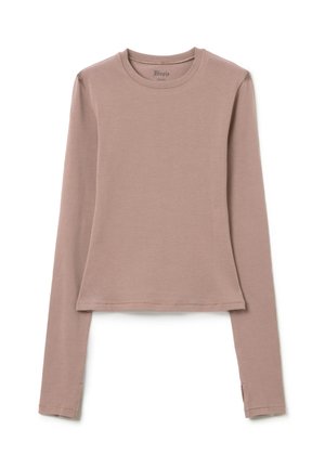 Langärmliges, hellbraunes Top aus weichem Stoff. Es hat einen runden Halsausschnitt und ein kurzes Design mit geradem Saum und enganliegenden Ärmeln.