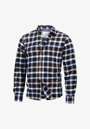 Plaid shirt in navy, beige, and light blue tones. Button-down design with chest pocket. Cotton fabric with a soft texture.