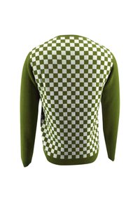 Grüner langärmeliger Pullover mit einem weiß-grünen Schachbrettmuster auf dem Rücken und einfarbigen grünen Ärmeln.