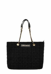 Schwarze Tweed-Einkaufstasche mit goldfarbenen Kettenriemen, Kunstlederakzenten und Logo-Schild. Rechteckige Form mit strukturierter Oberfläche. Reißverschluss.