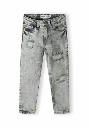 Jean denim gris délavé pour enfants avec des détails déchirés aux cuisses et aux genoux et une fermeture par bouton à la taille.
