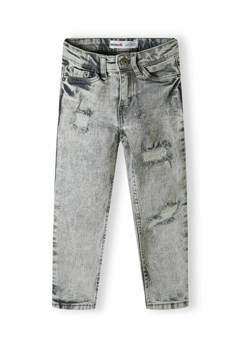Jean denim gris délavé pour enfants avec des détails déchirés aux cuisses et aux genoux et une fermeture par bouton à la taille.