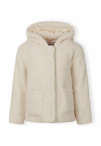 Kreminės spalvos, su gobtuvu, pūkuota vilnonė striukė su ilgomis rankovėmis ir dviem priekinėmis kišenėmis, skirta šilumai ir kasdieniam dėvėjimui.