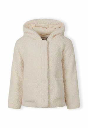 Veste en polaire douce de couleur crème, à capuche, avec des manches longues et deux poches plaquées à l'avant, conçue pour la chaleur et un style décontracté.