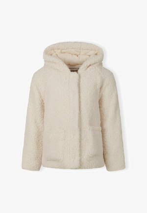Krém színű, kapucnis, bolyhos fleece dzseki hosszú ujjal és két elülső zsebből készült, a melegség és a hétköznapi viselet érdekében tervezve.