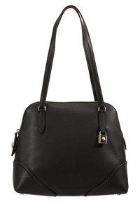 Sort lædertaske med en struktureret overflade, dobbelt håndtag, lynlås lukning og en guldhardware detalje med en logo på siden.