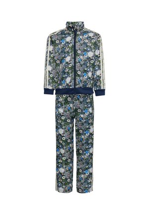 Blumiger Trainingsanzug mit Jacke und Hose. Dunkelgrüner Hintergrund, mehrfarbige Blumen, weiße Streifen an Ärmeln und Hosen. Gerippte Bündchen und Saum.