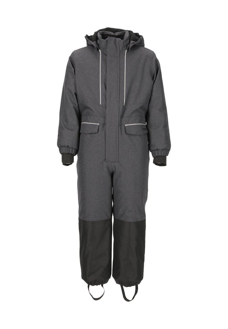 Grå isoleret jumpsuit med hætte, lange ærmer, frontlynlås og to brystlommer. Sorte accenter på nederste ben og reflekterende kant.