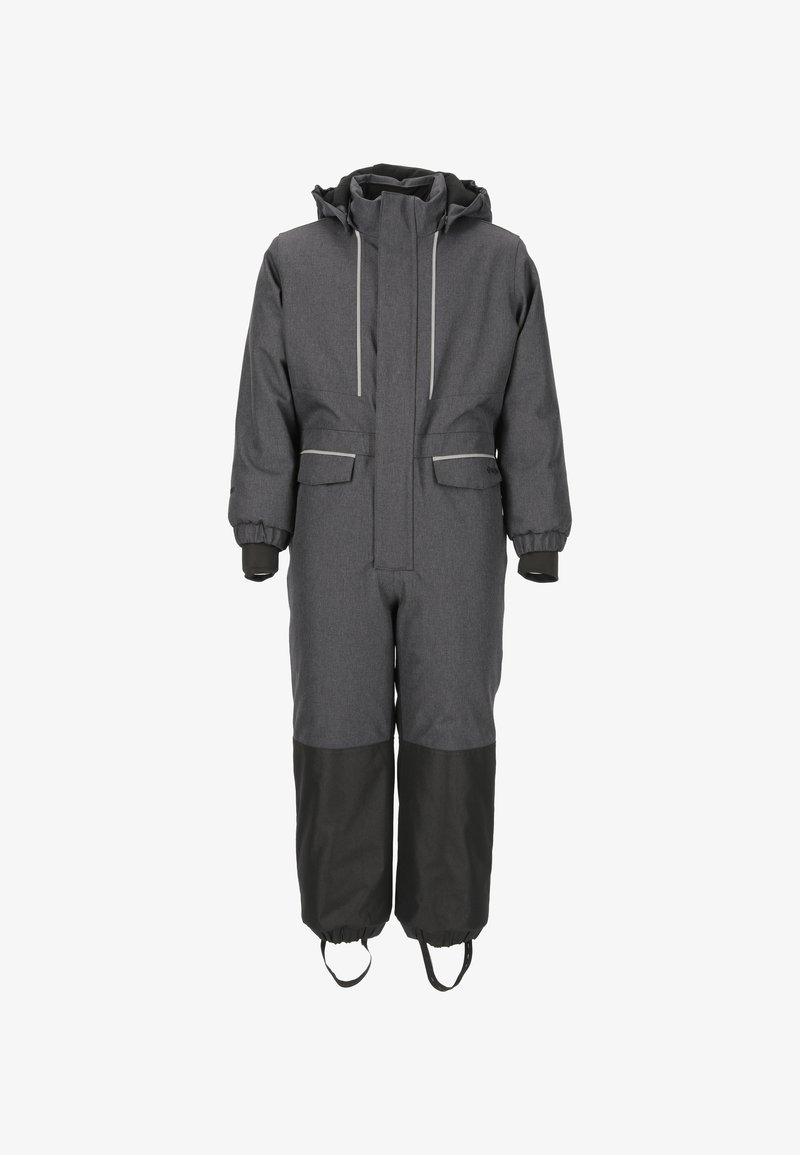 Grau isolierter Overall mit Kapuze, langen Ärmeln, Frontreißverschluss und zwei Brusttaschen. Schwarze Akzente an den unteren Beinen und reflektierender Saum.