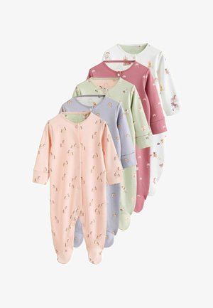 Fünf langärmelige Baby-Overall in Pastellfarben: pink mit Tieren, lila mit Regenbögen, grün mit Blumen, weiß mit Einhörnern und pink.
