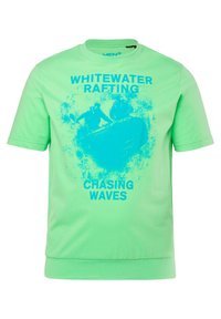 Green cotton t-shirt with short sleeves, featuring a blue graphic print that reads "WHITEWATER RAFTING CHASING WAVES" on the front.