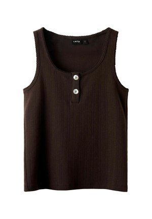 Brązowy prążkowany top bez rękawów z okrągłym dekoltem, z patką na guziki, której elementami są dwa białe guziki oraz falbany na krawędziach.