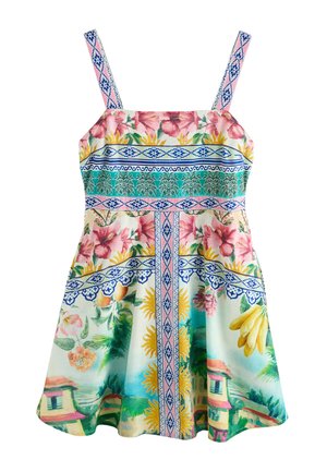 Mouwloze jurk met dunne bandjes met kleurrijke bloemen-, ananas- en tropische huispatronen in blauw, roze, groen en geel.