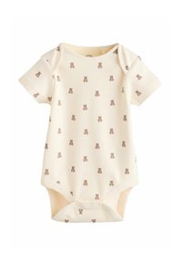 Body pentru bebeluși cu mâneci scurte, realizat dintr-un material moale crem cu striații, având un imprimeu repetat cu urși în nuanță de bej deschis și închidere cu capse la partea de jos.