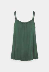 Camisole verte avec de fines bretelles tressées, décolleté froncé et une forme fluide en A. Fabriqué en tissu doux et léger.