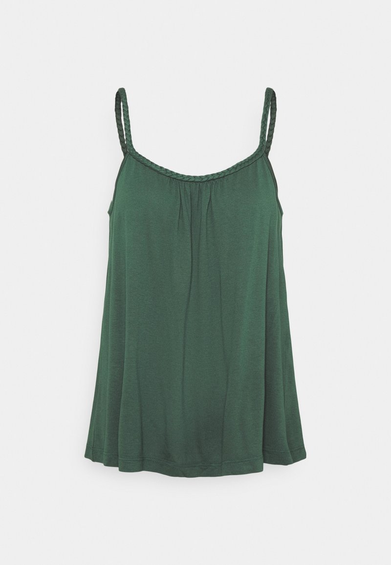 Camisole verte avec de fines bretelles tressées, décolleté froncé et une forme fluide en A. Fabriqué en tissu doux et léger.