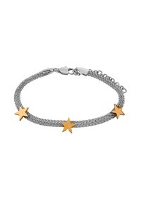 Srebrna pleciona bransoletka z trzema złotymi metalowymi akcentami w kształcie gwiazd oraz bezpiecznym zapięciem z regulowanym łańcuszkiem.