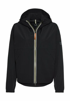 Schwarze Kapuzenjacke mit einem doppelten Reißverschluss vorne, elastischen Bündchen und Seitentaschen. Aus leichtem, glattem Stoff mit mattem Finish gefertigt.