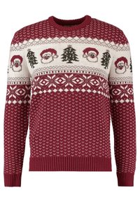 Czerwony sweter z dzianiny z świątecznym wzorem w postaci twarzy Świętego Mikołaja i drzewek sosnowych. Żebrowany dekolt w kształcie łódki i mankiety, z teksturowanym wzorem dzianiny.