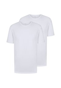 Deux t-shirts blancs unis à manches courtes, col rond et en coton doux, présentant une coupe classique et décontractée.