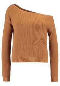 Strickpullover in warmem Braun, mit schulterfreiem Design, langen Ärmeln und geripptem Saum. Die Textur ist weich mit einem groben Strickmuster.
