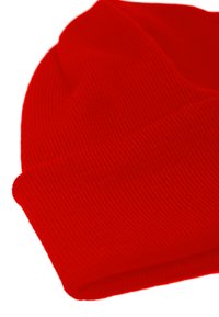 Red knit beanie hat, featuring a ribbed texture, folded brim, and a snug fit. Made from soft, elastic material for warmth.