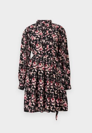 Lillelille mustriga kleit mustal taustal, roosa ja kreemja mustriga, pika varrukaga, kraega ning vöödiga, millel on flokeeritud seelik.