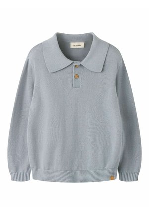 Hellblauer Strickpullover mit langen Ärmeln, weitem Kragen, zwei Holzknöpfen und gerippten Bündchen und Saum.