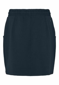 Jupe décontractée bleu marine foncé avec taille élastique et poches latérales, tissu lisse, coupe droite, longueur genou.