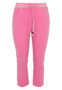 Růžové zkrácené kalhoty vyrobené z měkké tkaniny, s pasem na stažení a stříbrnými akcenty a bočními kapsami. Jednoduchý design a lehká textura.