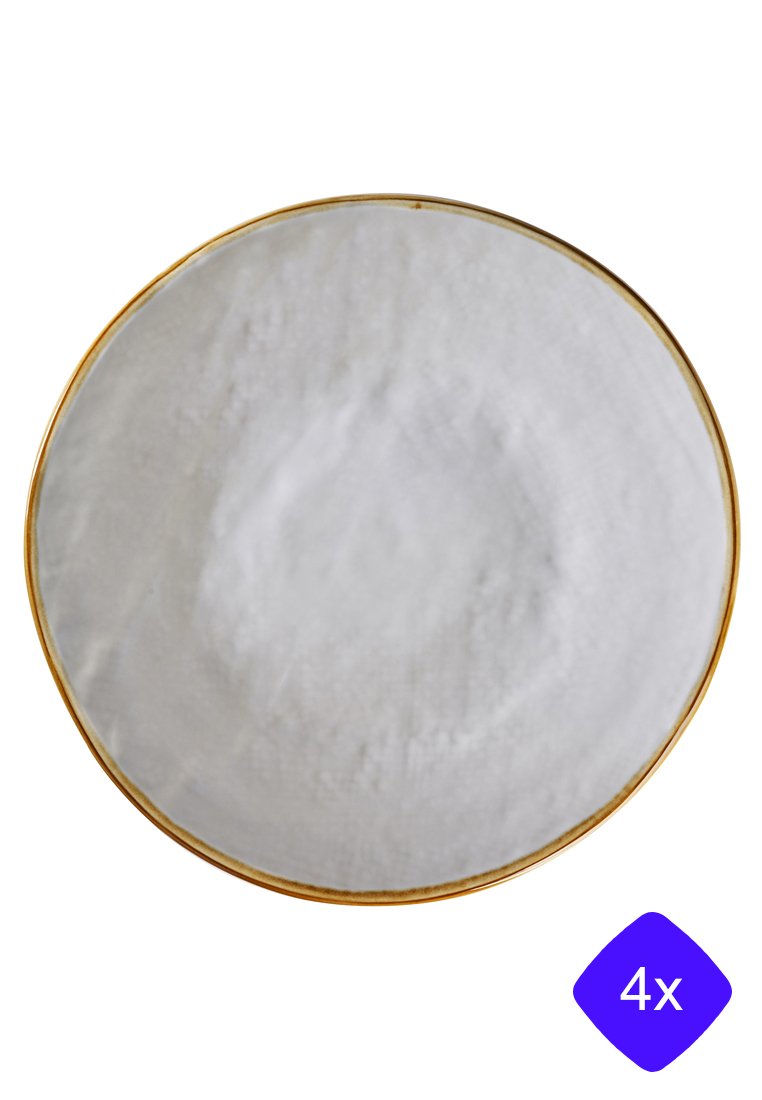 Runder weißer Keramikteller mit glänzender Oberfläche, verziert mit einem dünnen goldenen Rand. Glatte Textur mit schlichten Design und großer Fläche.